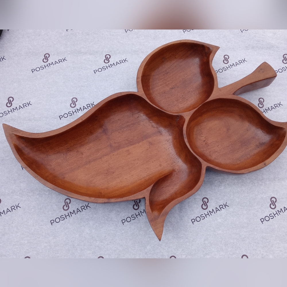 Large Vintage Carved Wooden Divided Tray